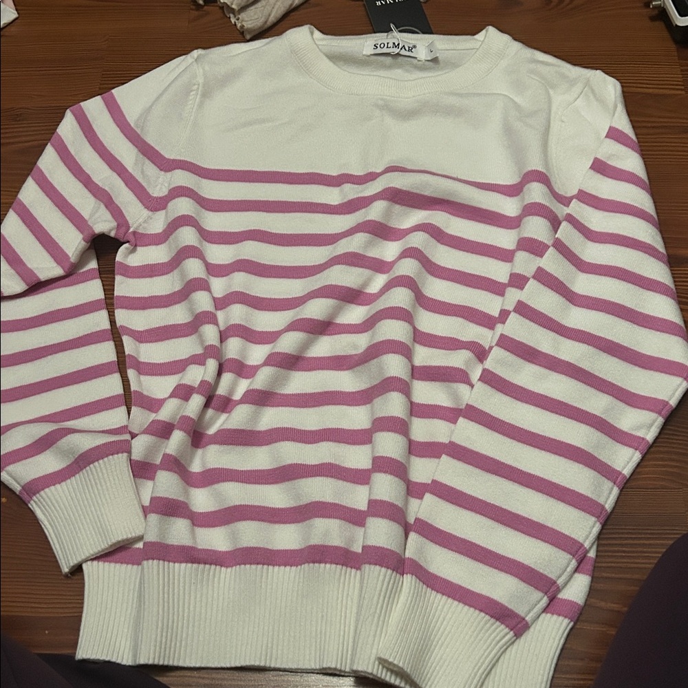 Women's Pink and White Striped Sweater